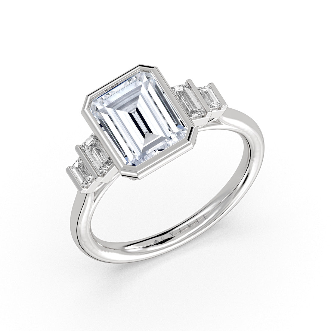 Emerald Cut Bezel Engagement Ring with Bar Set North to South Baguettes - Edie
