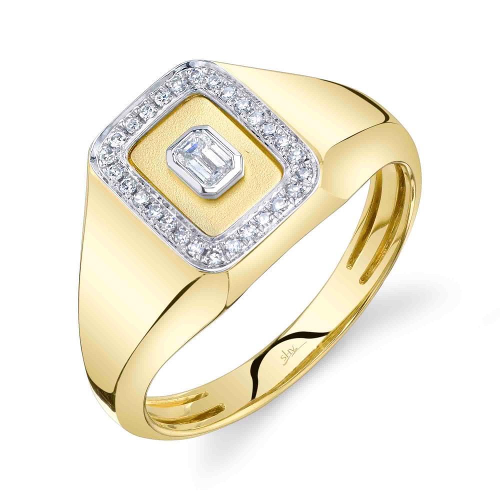 0.17CT 14K Y/G DIAMOND EMERALD BEZEL MATTE SIGNET RING