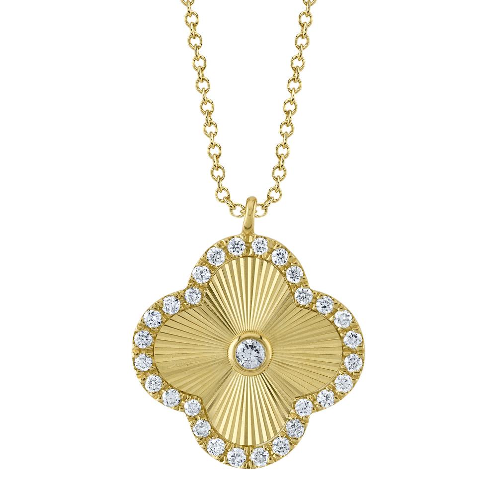 0.22CT 14K Y/G DIAMOND BEZEL RIBBED CLOVER NECKLACE
