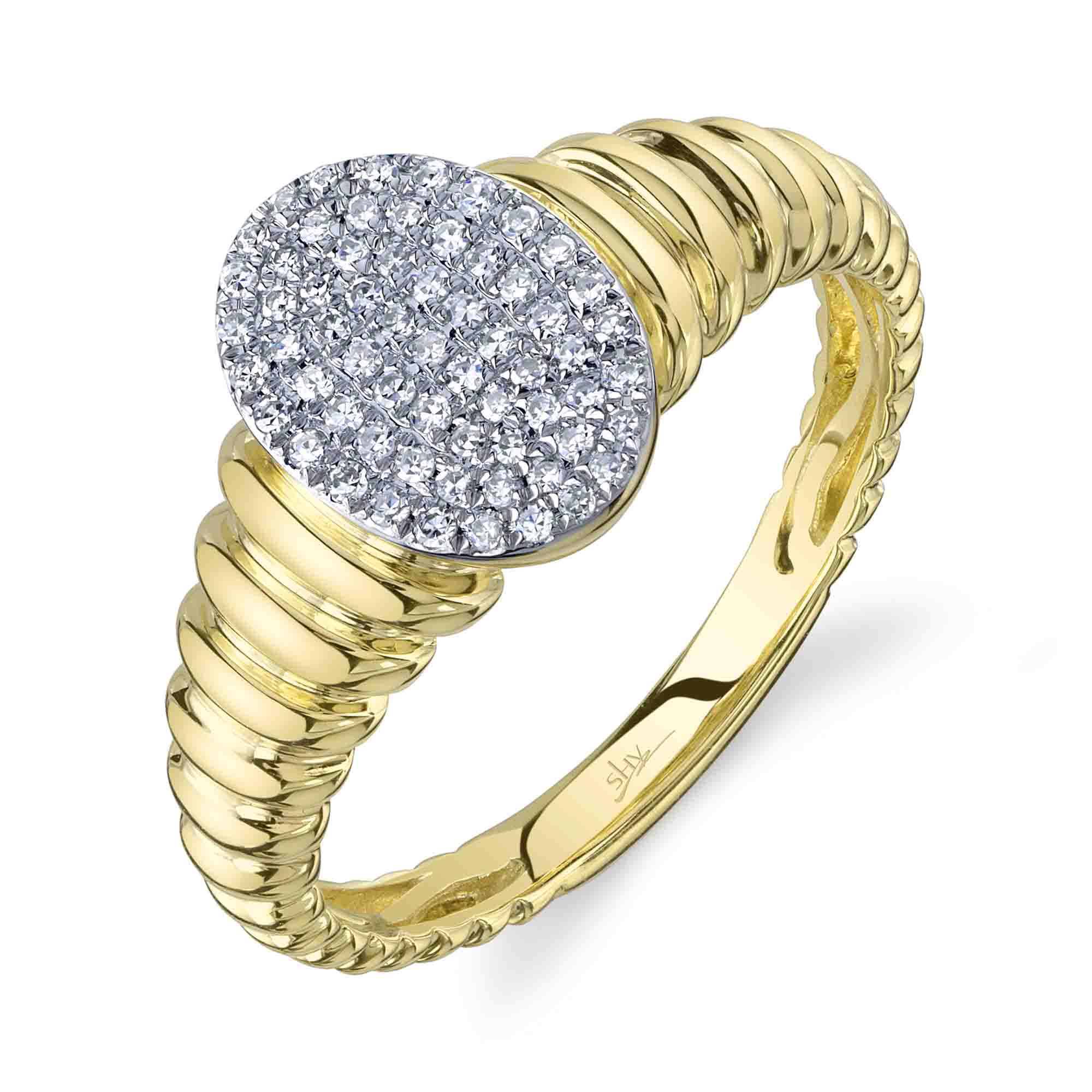 0.17CT 14K Y/G DIAMOND PAVE RIBBED OVAL SIGNET RING