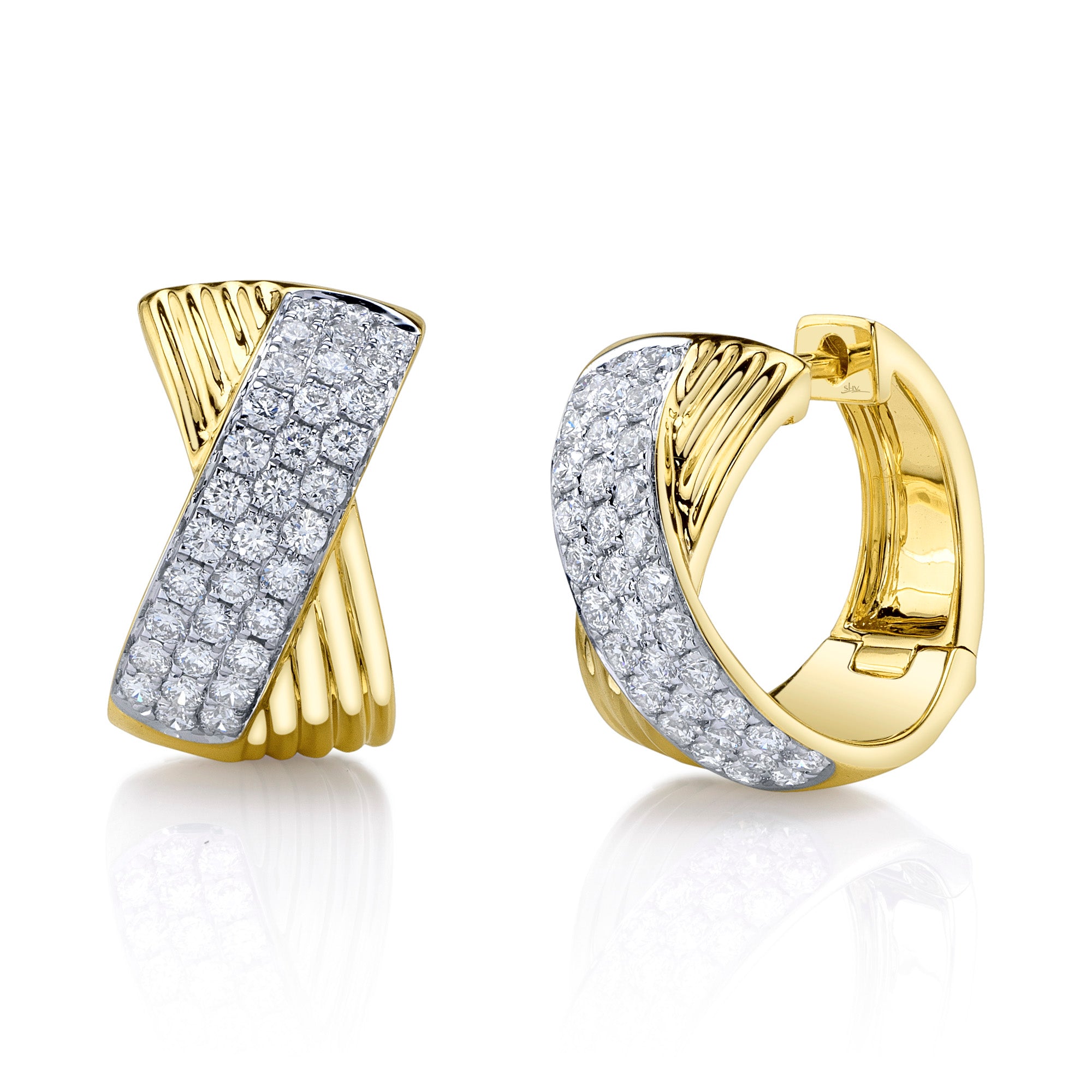 0.80CT 14K Y/G DIAMOND PAVE RIBBED HOOP EARRING
