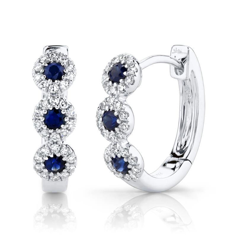 0.15CT DIAMOND & 0.30CT BLUE SAPPHIRE 14K W/G HUGGIE EARRING