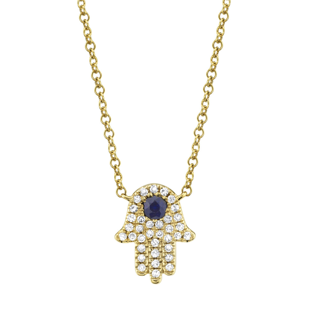 0.09CT DIAMOND & 0.08CT BLUE SAPPHIRE 14K Y/G HAMSA NECKLACE