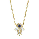 0.09CT DIAMOND & 0.08CT BLUE SAPPHIRE 14K Y/G HAMSA NECKLACE
