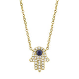 0.09CT DIAMOND & 0.08CT BLUE SAPPHIRE 14K Y/G HAMSA NECKLACE