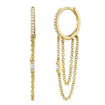 0.18CT 14K Y/G DIAMOND BAGUETTE HUGGIE CHAIN EARRING