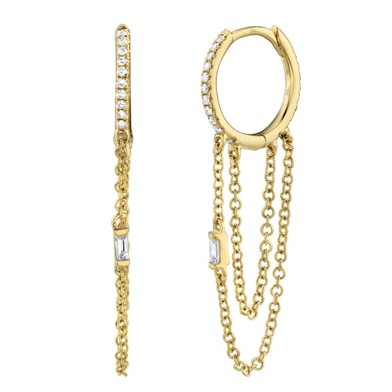 0.18CT 14K Y/G DIAMOND BAGUETTE HUGGIE CHAIN EARRING