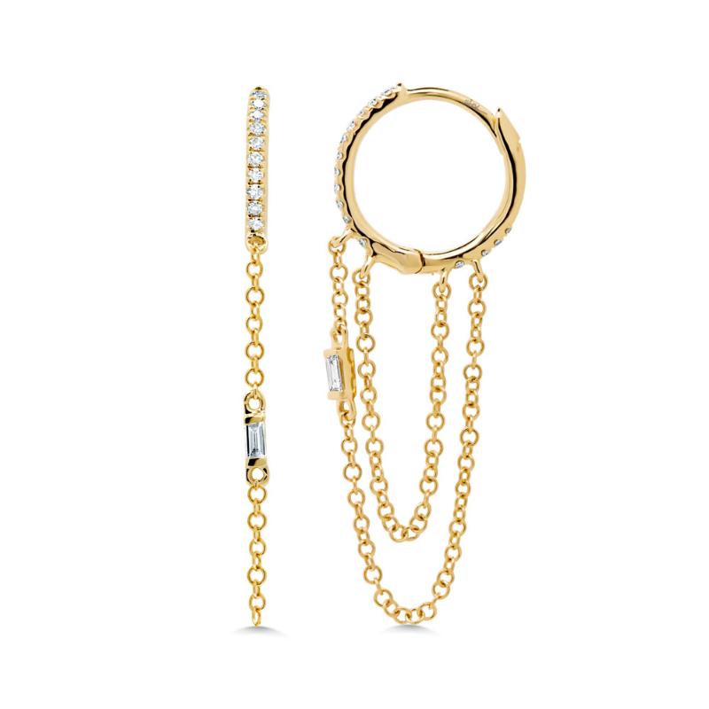 0.18CT 14K Y/G DIAMOND BAGUETTE HUGGIE CHAIN EARRING