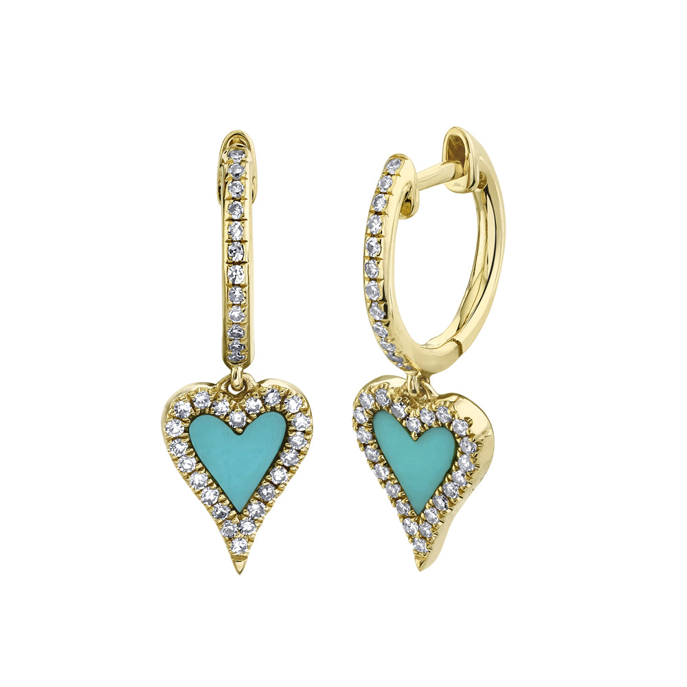 0.21CT DIAMOND & 0.36CT COMPOSITE TURQUOISE 14K Y/G HEART EARRING