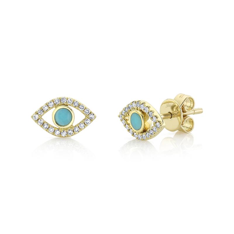 0.12CT DIAMOND & 0.14CT COMPOSITE TURQUOISE 14K Y/G EYE STUD EARRING