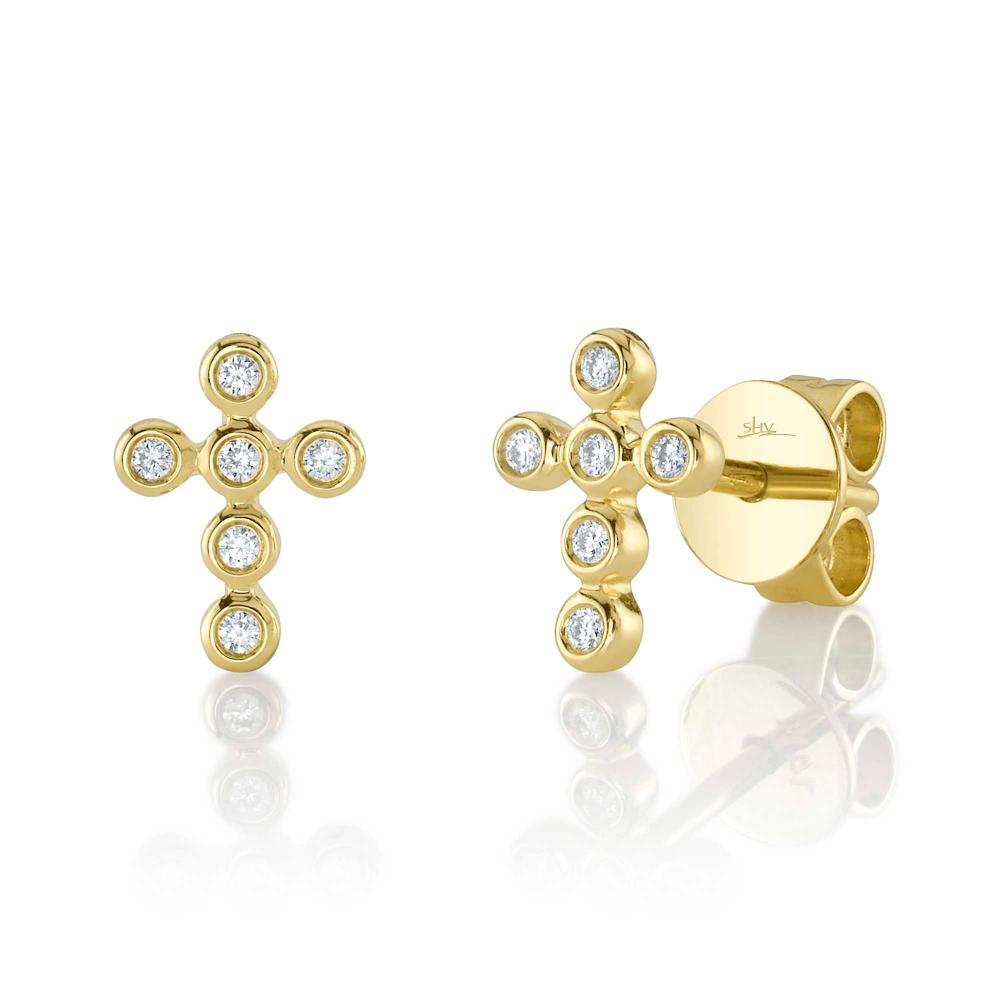 0.07CT 14K Y/G DIAMOND BEZEL CROSS STUD EARRING