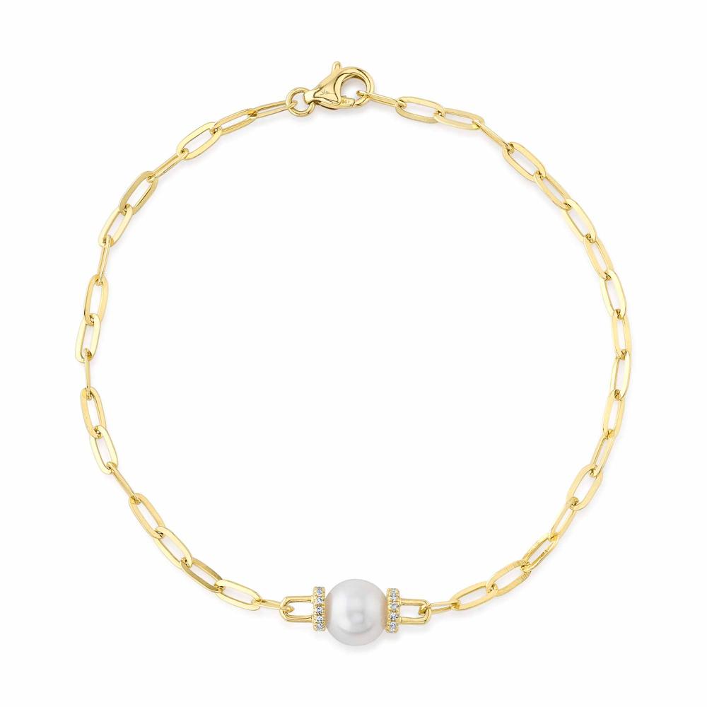 0.07CT 14K Y/G DIAMOND & CULTURED PEARL PAPER CLIP LINK BRACELET