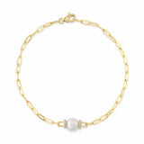 0.07CT 14K Y/G DIAMOND & CULTURED PEARL PAPER CLIP LINK BRACELET