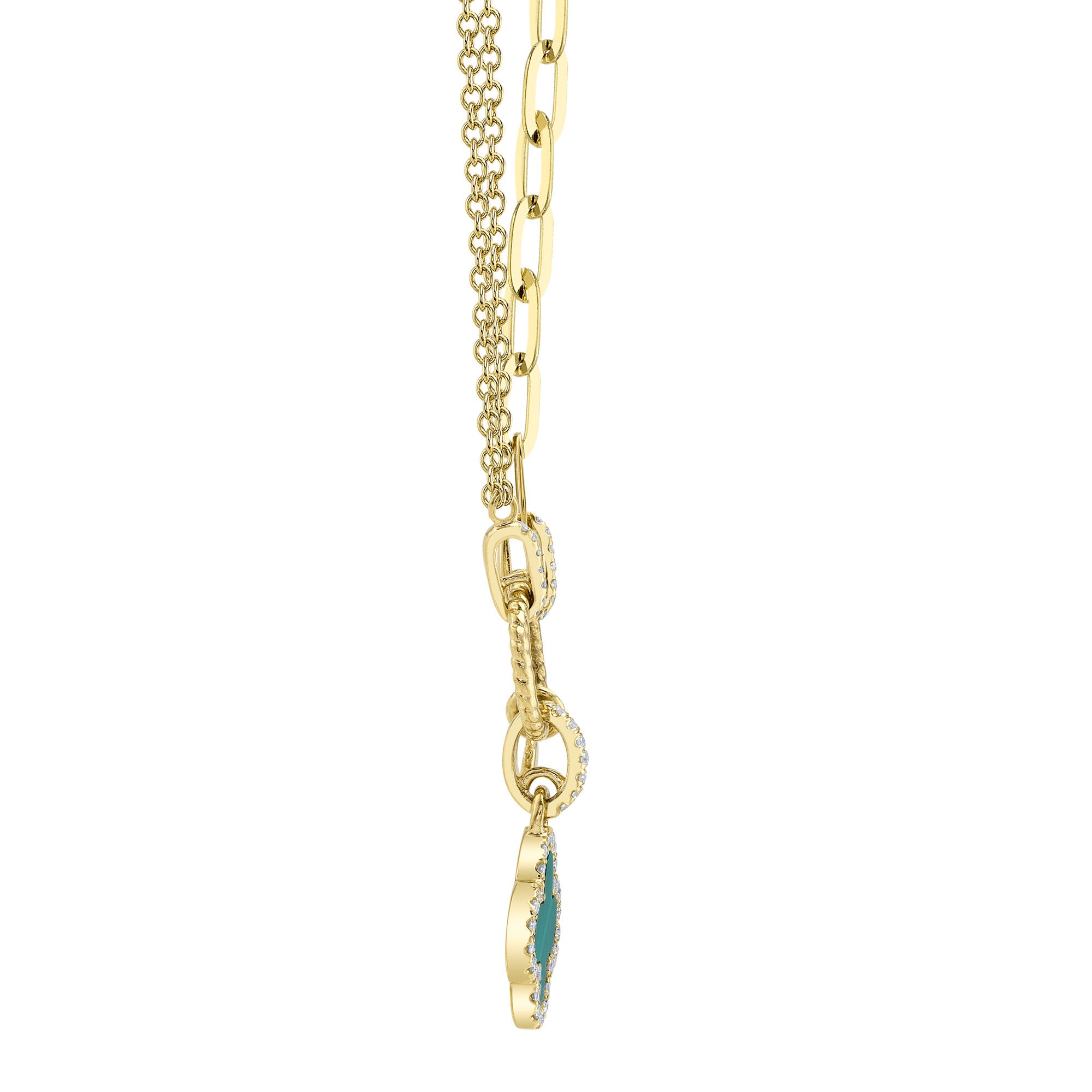 0.12CT DIAMOND & 0.54CT MALACHITE 14K Y/G CLOVER PAPER CLIP LINK NECKLACE