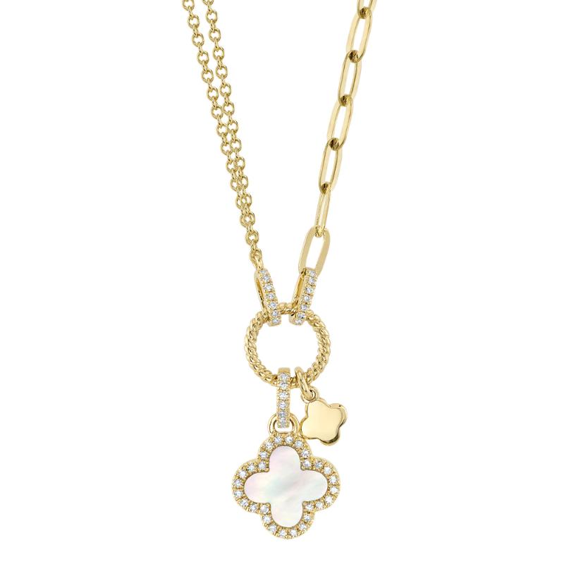 0.12CT DIAMOND & 0.54CT MOTHER OF PEARL 14K Y/G CLOVER PAPER CLIP LINK NECKLACE
