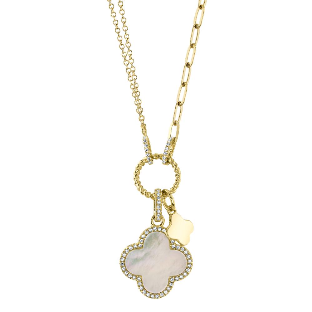 0.17CT DIAMOND & 1.36CT MOTHER OF PEARL 14K Y/G CLOVER PAPER CLIP LINK NECKLACE