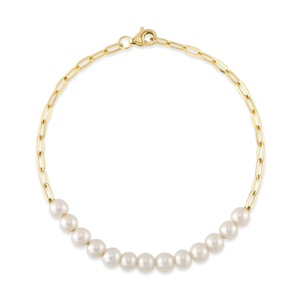 14K Y/G CULTURED PEARL PAPER CLIP LINK BRACELET