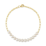 14K Y/G CULTURED PEARL PAPER CLIP LINK BRACELET