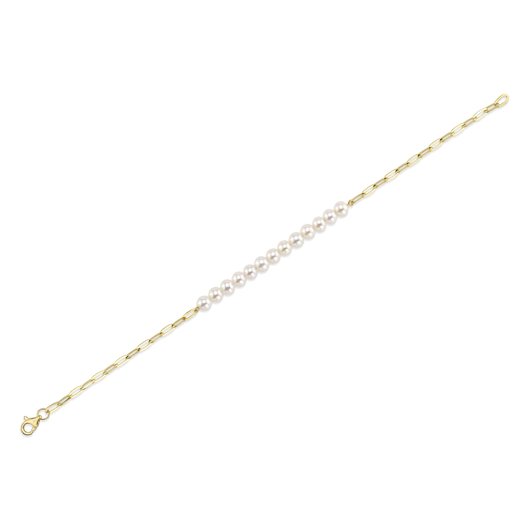 14K Y/G CULTURED PEARL PAPER CLIP LINK BRACELET