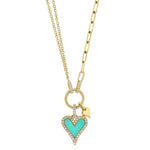 0.13CT DIAMOND & 0.39CT COMPOSITE TURQUOISE 14K Y/G HEART PAPER CLIP LINK NECKLACE