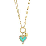 0.13CT DIAMOND & 0.39CT COMPOSITE TURQUOISE 14K Y/G HEART PAPER CLIP LINK NECKLACE