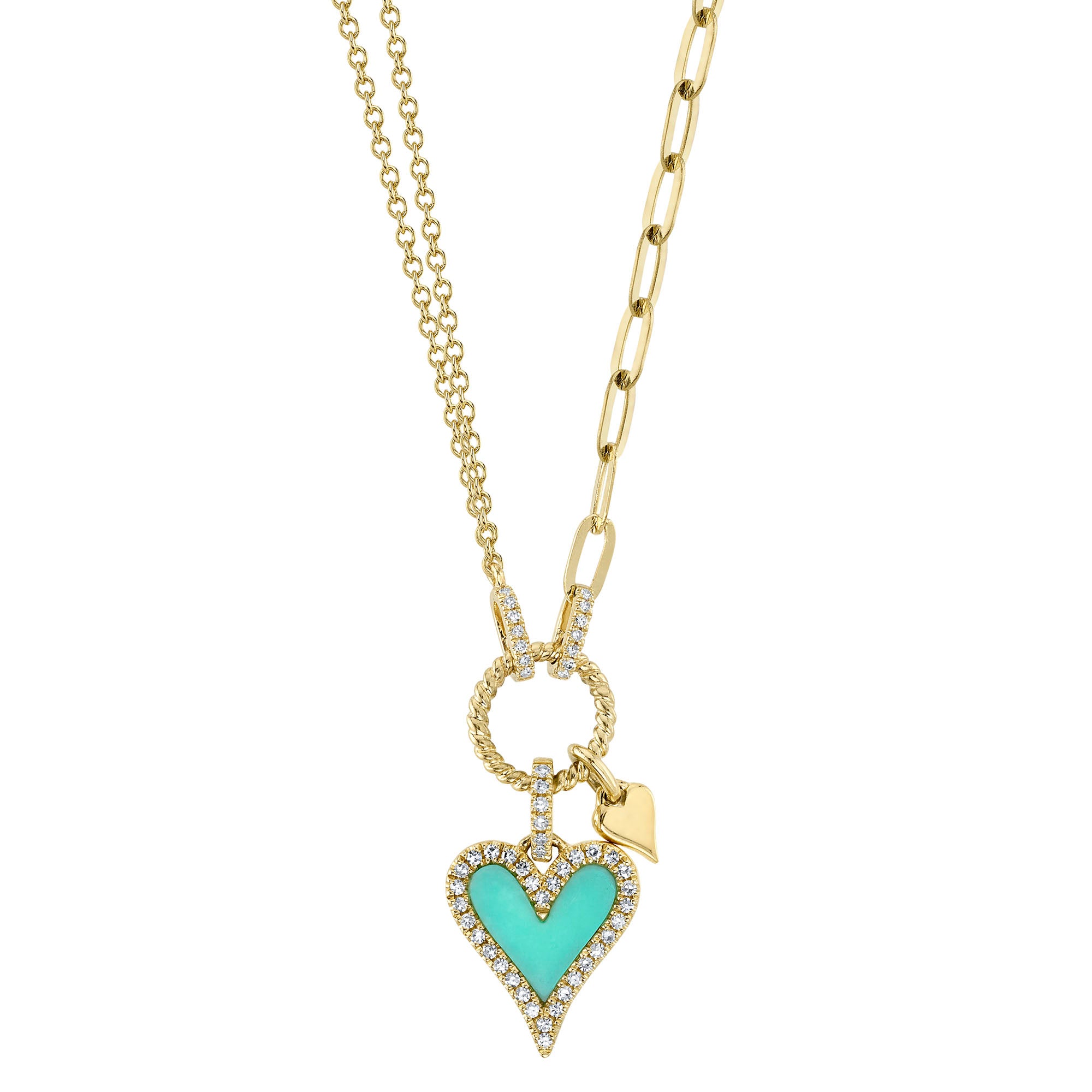 0.13CT DIAMOND & 0.39CT COMPOSITE TURQUOISE 14K Y/G HEART PAPER CLIP LINK NECKLACE