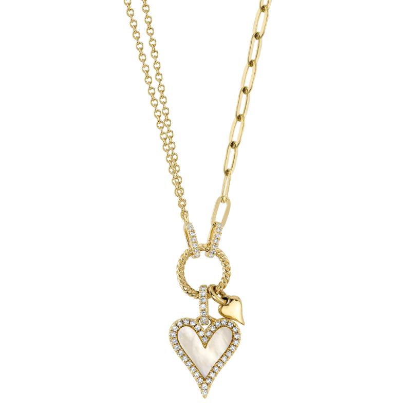0.13CT DIAMOND & 0.41CT MOTHER OF PEARL 14K Y/G HEART PAPER CLIP LINK NECKLACE