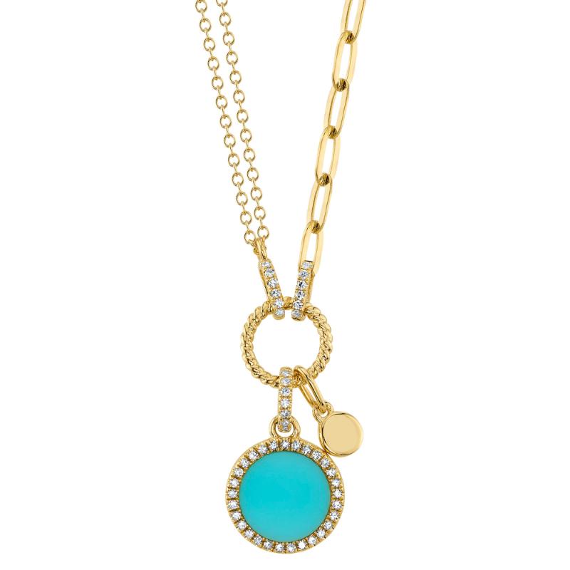 0.13CT DIAMOND & 0.70CT COMPOSITE TURQUOISE 14K Y/G CIRCLE PAPER CLIP LINK NECKLACE