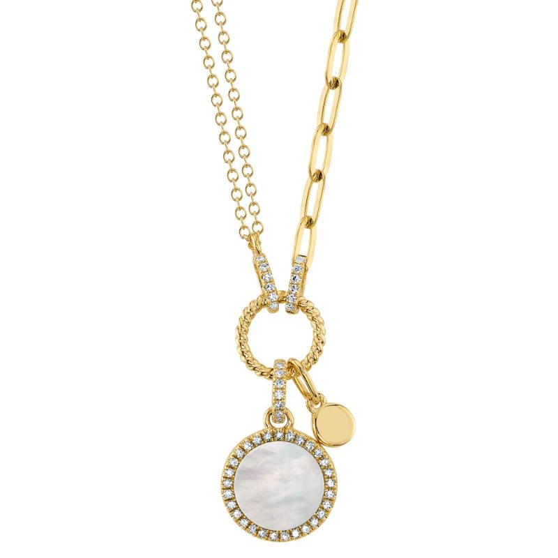 0.13CT DIAMOND & 0.57CT MOTHER OF PEARL 14K Y/G CIRCLE PAPER CLIP LINK NECKLACE