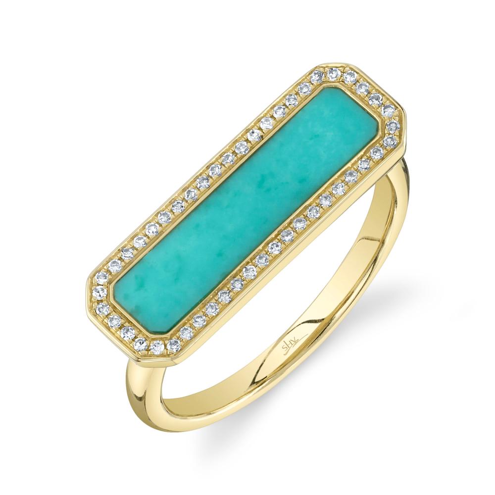 0.11CT DIAMOND & 1.03CT COMPOSITE TURQUOISE 14K Y/G BAR RING