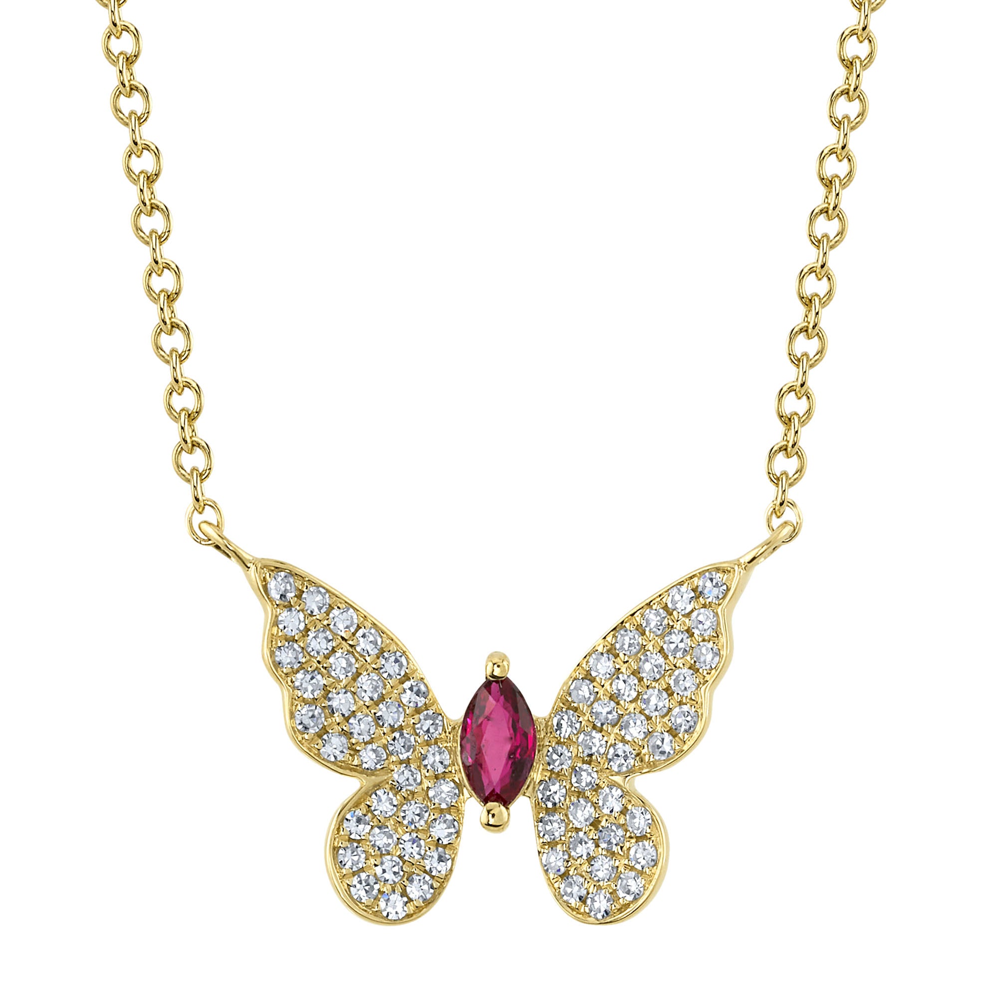 0.16CT DIAMOND & 0.09CT RUBY 14K Y/G MARQUISE BUTTERFLY NECKLACE
