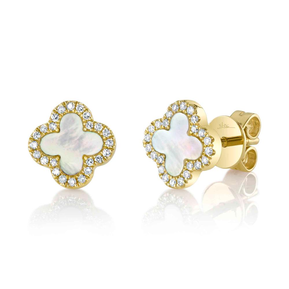 0.11CT DIAMOND & 0.35CT MOTHER OF PEARL 14K Y/G CLOVER EARRING