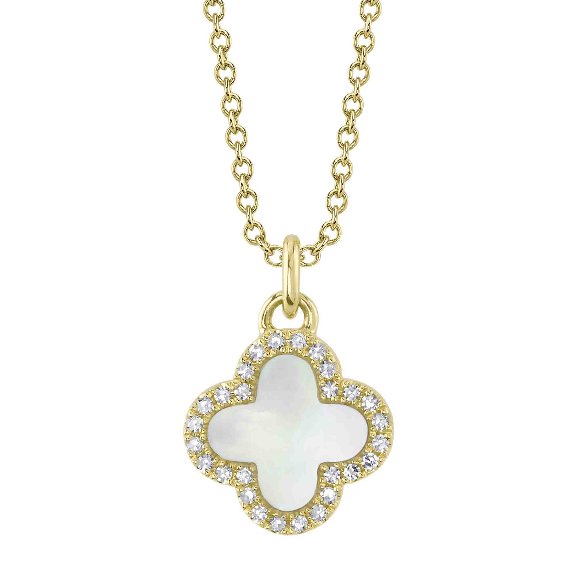 0.08CT DIAMOND &  0.41CT MOTHER OF PEARL 14K Y/G CLOVER NECKLACE