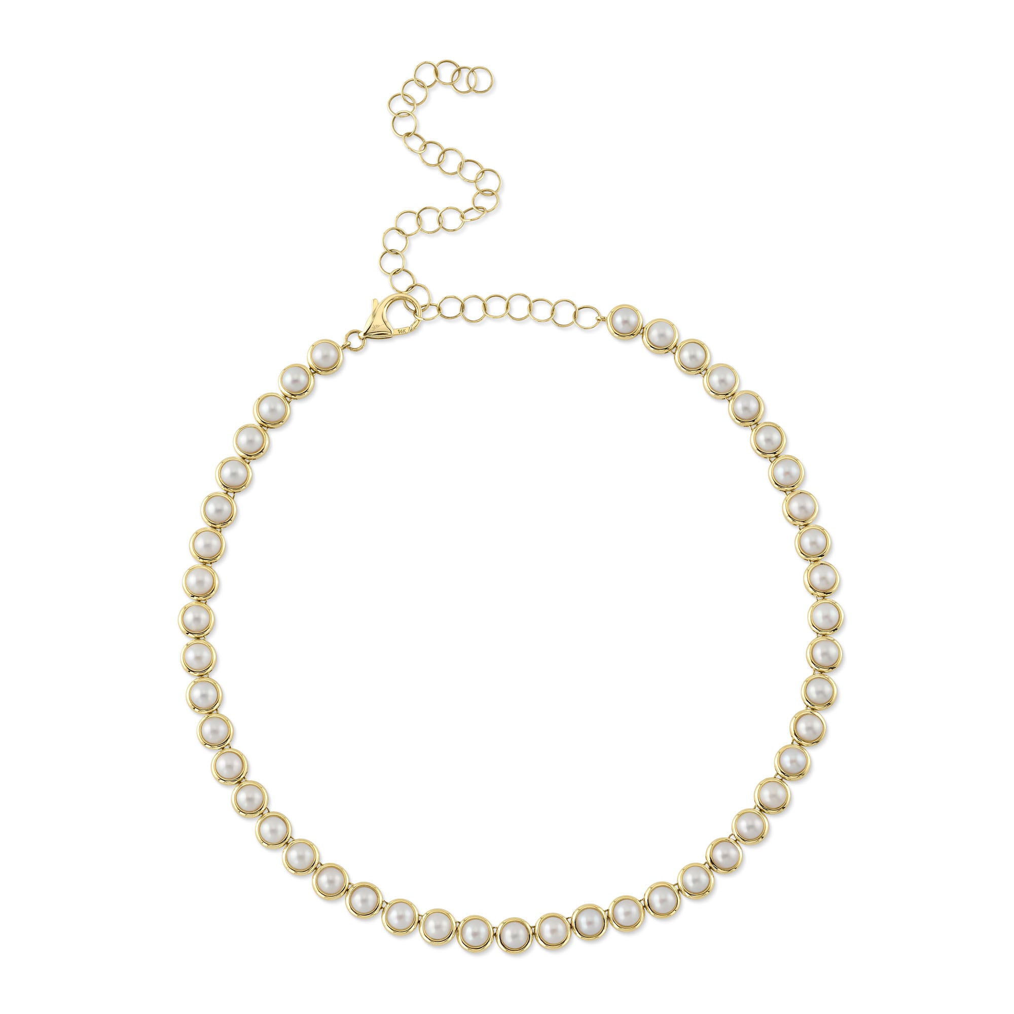 14K Y/G CULTURED PEARL BEZEL TENNIS NECKLACE