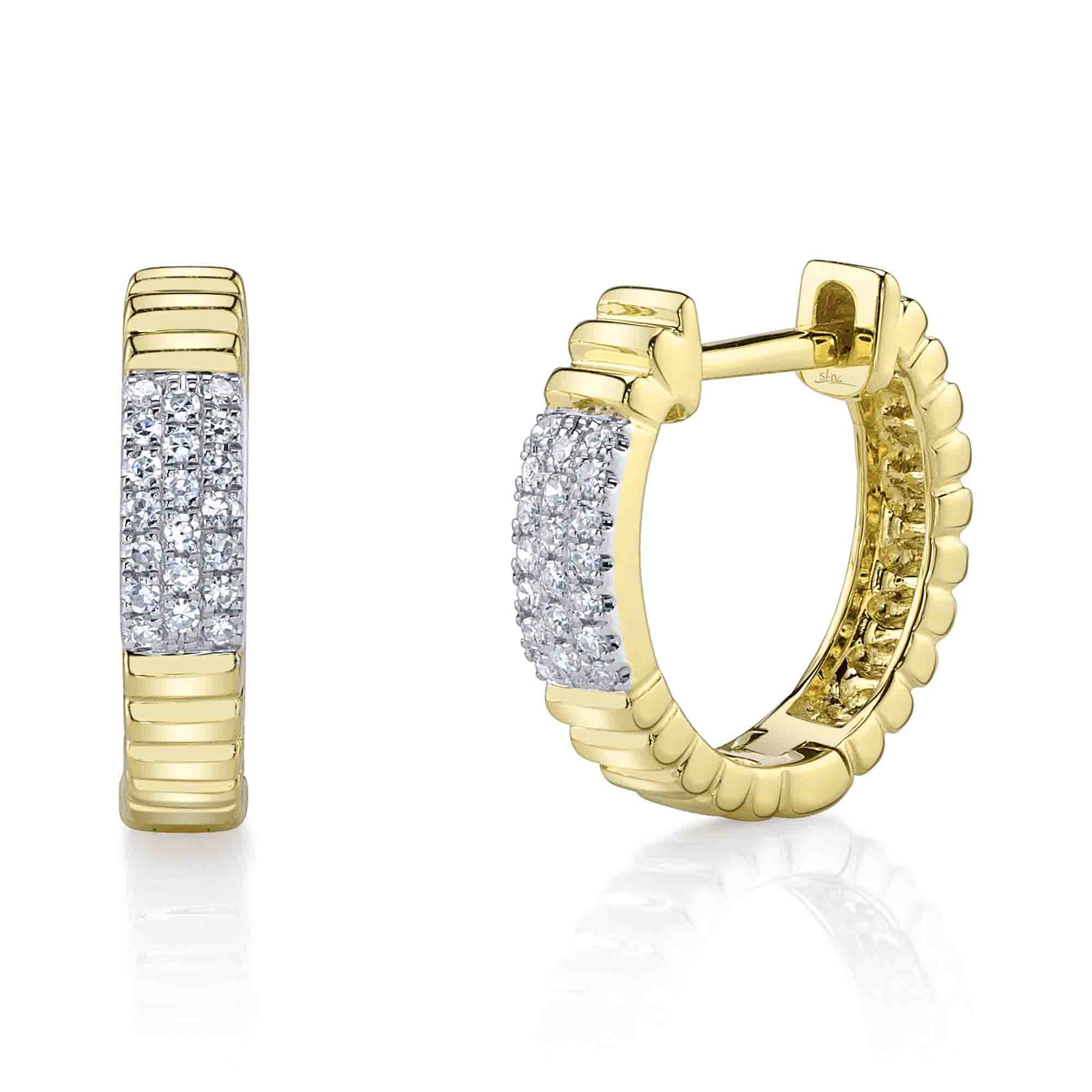 0.09CT 14K Y/G DIAMOND PAVE RIBBED HUGGIE EARRING