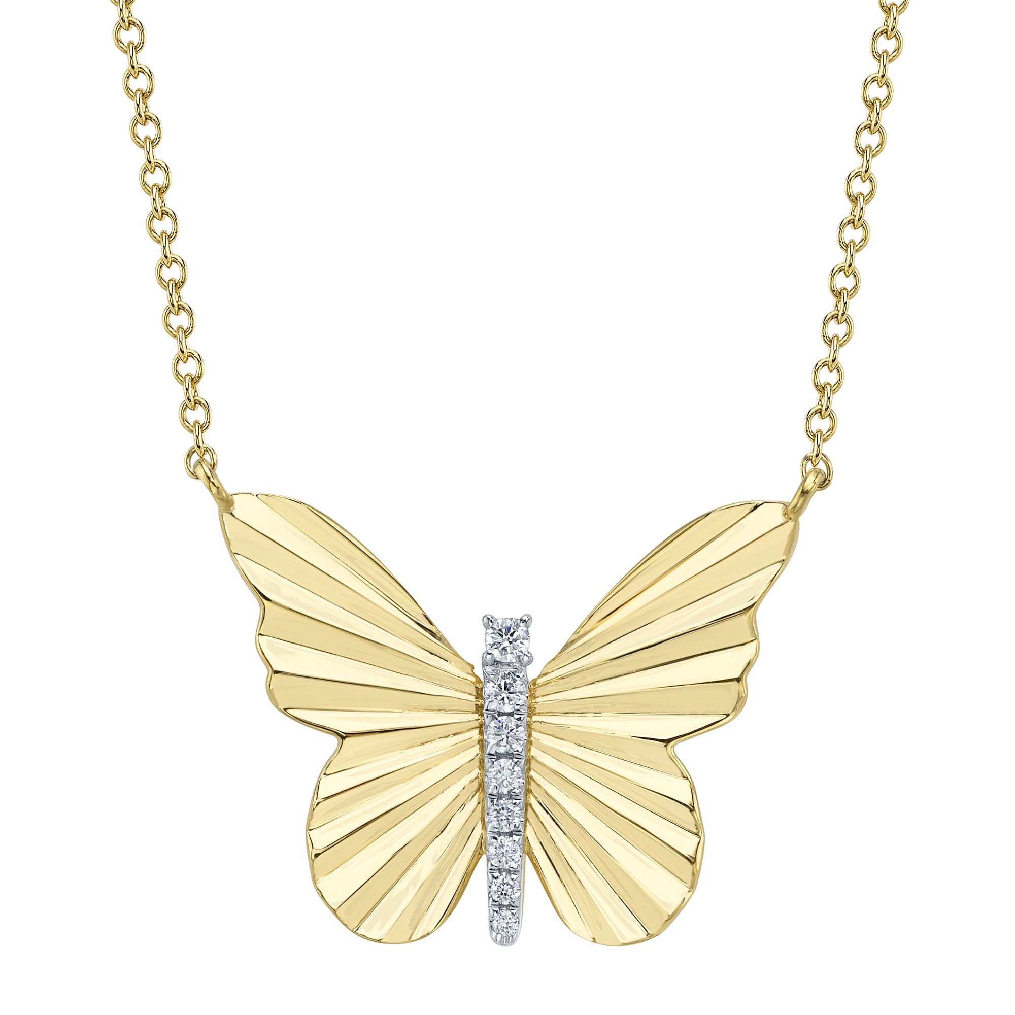 0.06CT 14K Y/G DIAMOND RIBBED BUTTERFLY NECKLACE