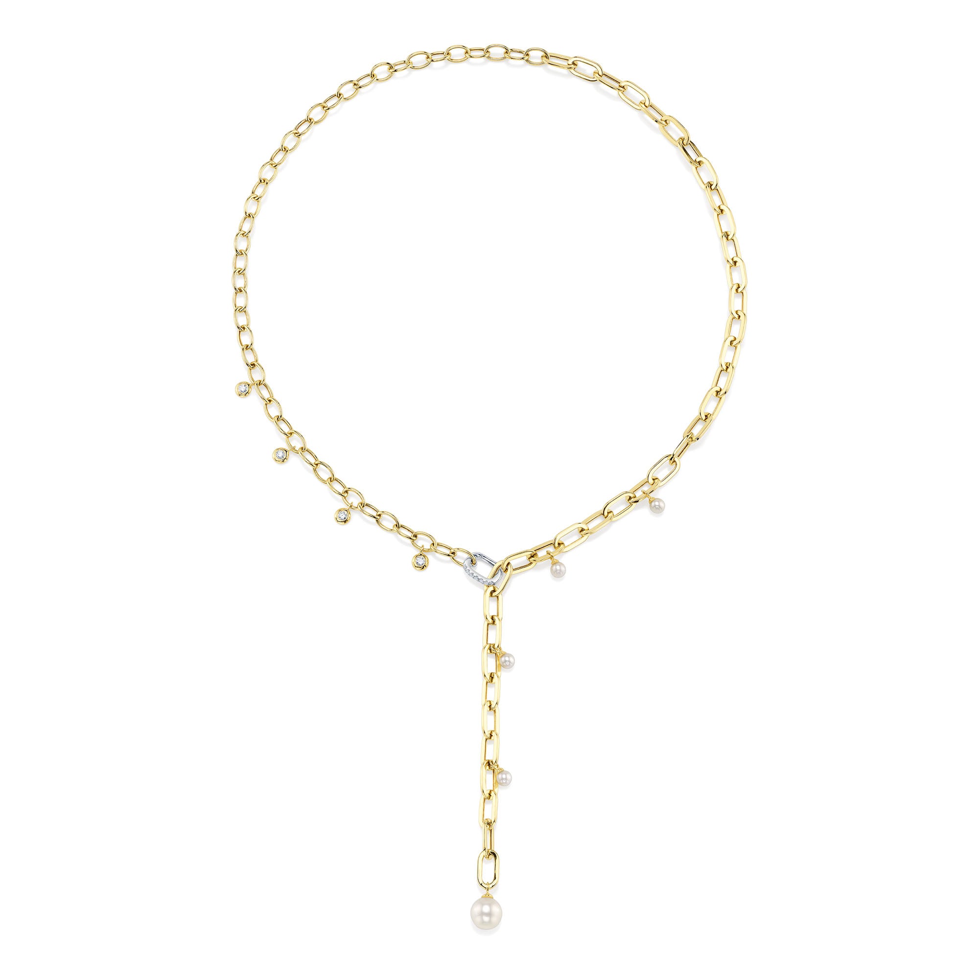 0.27CT 14K2T Y/W DIAMOND & CULTURED PEARL BEZEL PAPER CLIP LINK NECKLACE