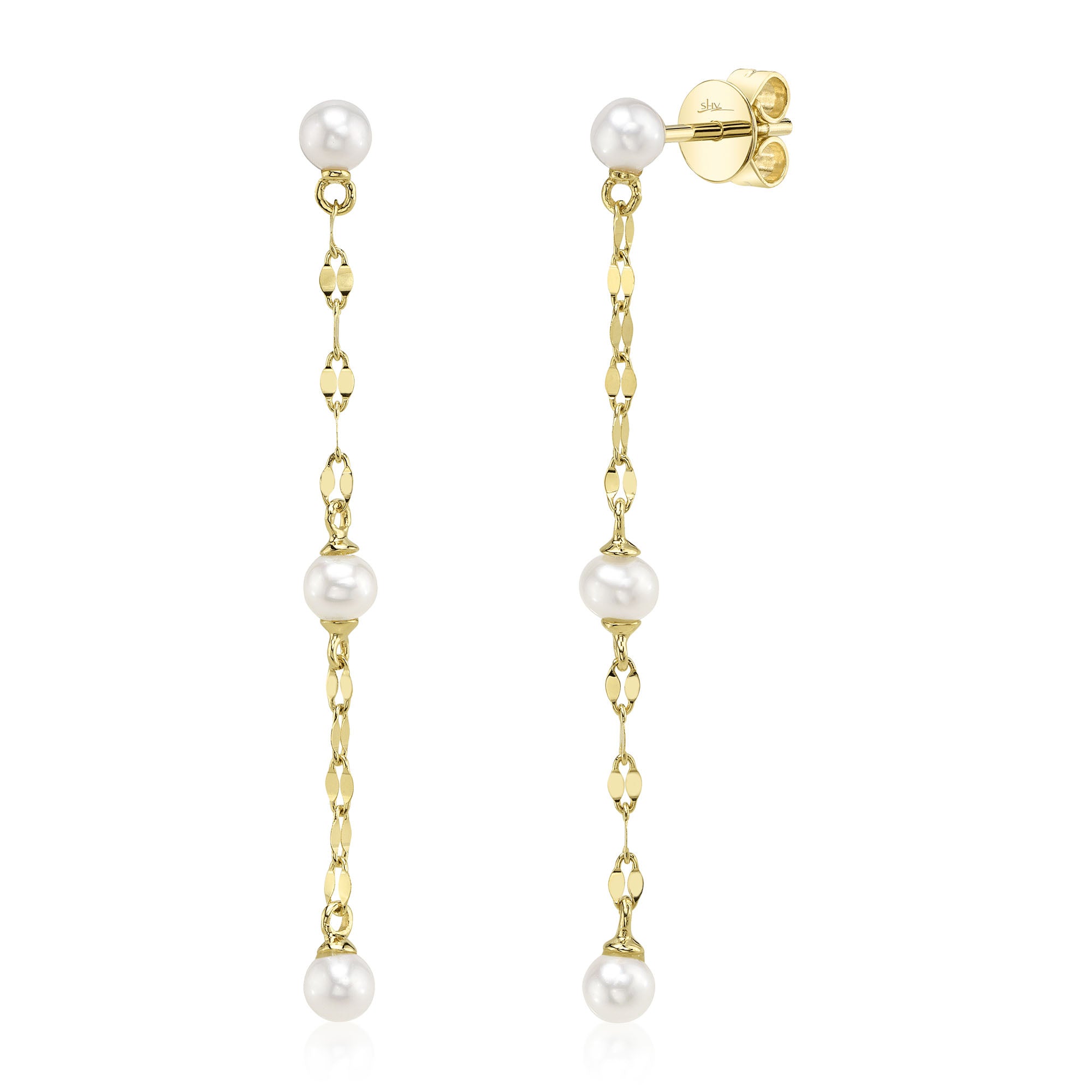 14K Y/G CULTURED PEARL SPARKLE CHAIN EARRING