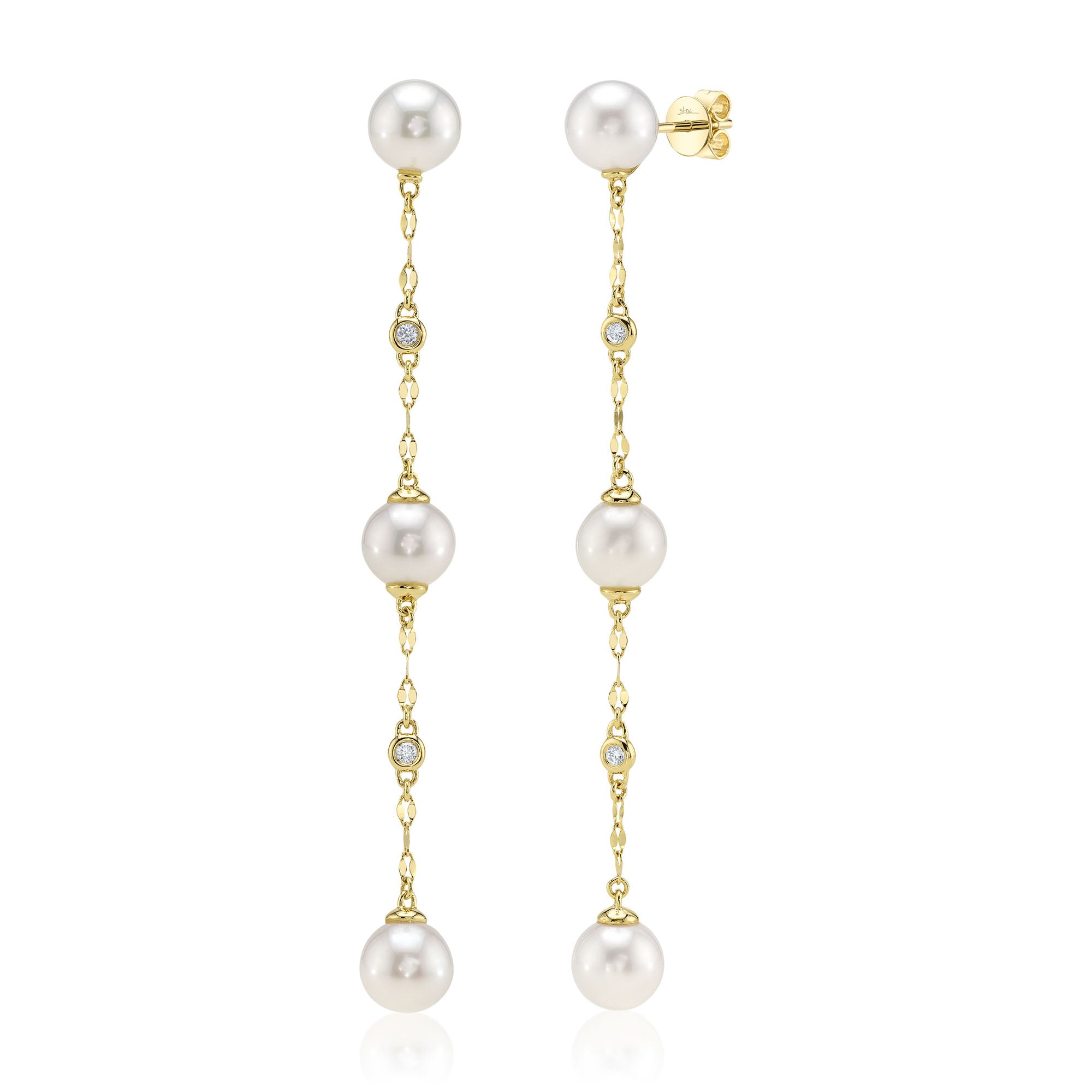 0.09CT 14K Y/G DIAMOND & CULTURED PEARL SPARKLE CHAIN EARRING