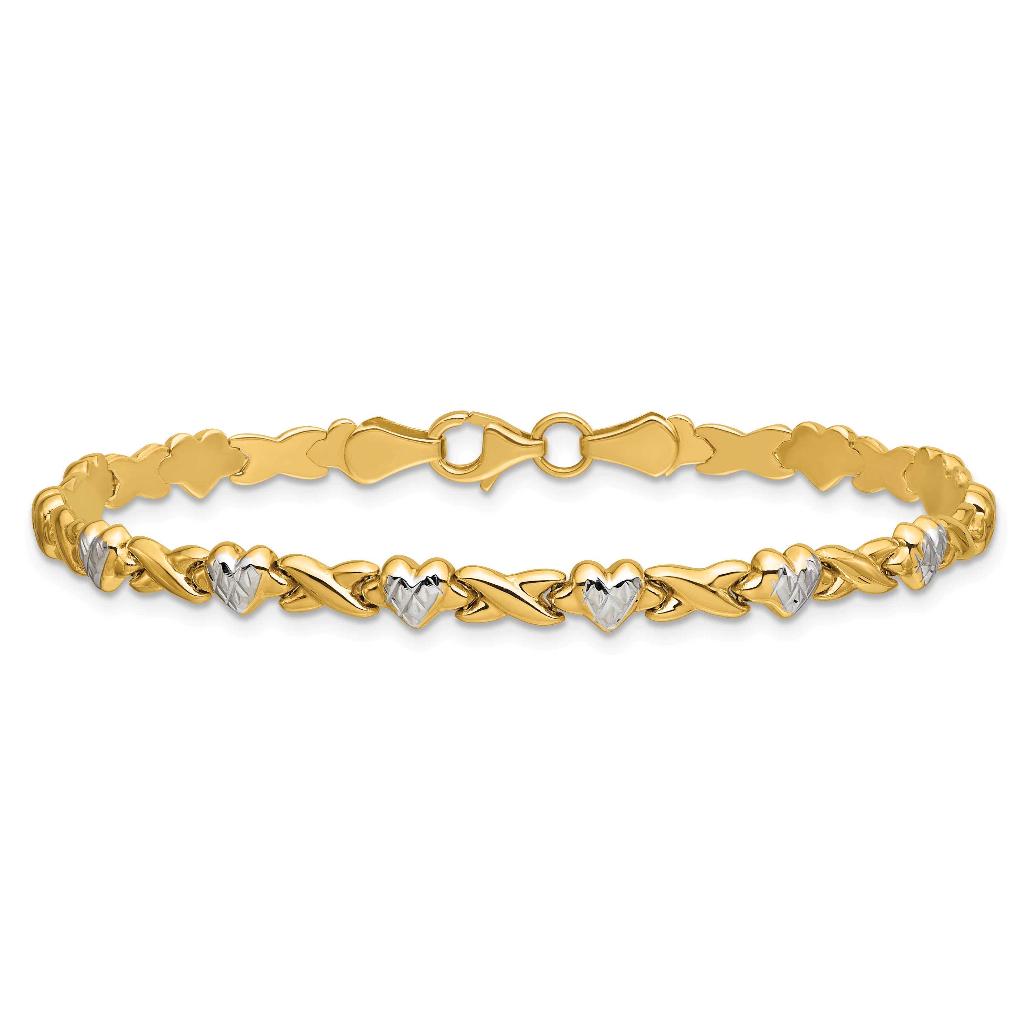 14k w/Rhodium Polished Heart and X Bracelet