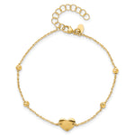14K Polished and Diamond-cut Heart and Beads Plus 1in ext. Bracelet
