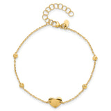14K Polished and Diamond-cut Heart and Beads Plus 1in ext. Bracelet