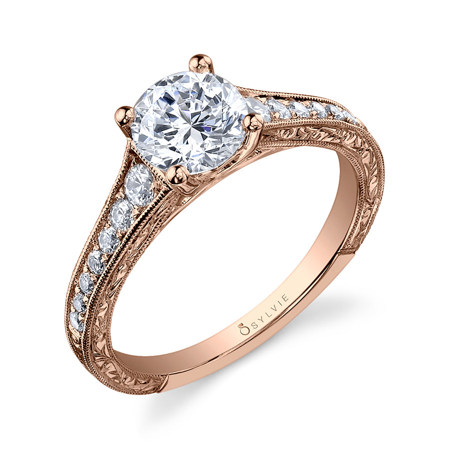 Desirae - Round Hand Engraved Engagement Ring