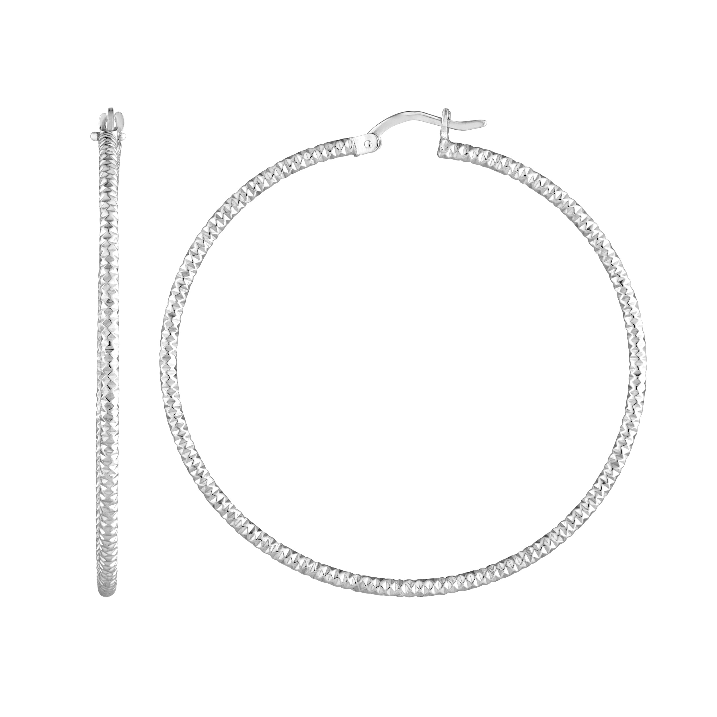 Sterling Silver 2mm x 40mm Diamond-Cut Hoop Earrings