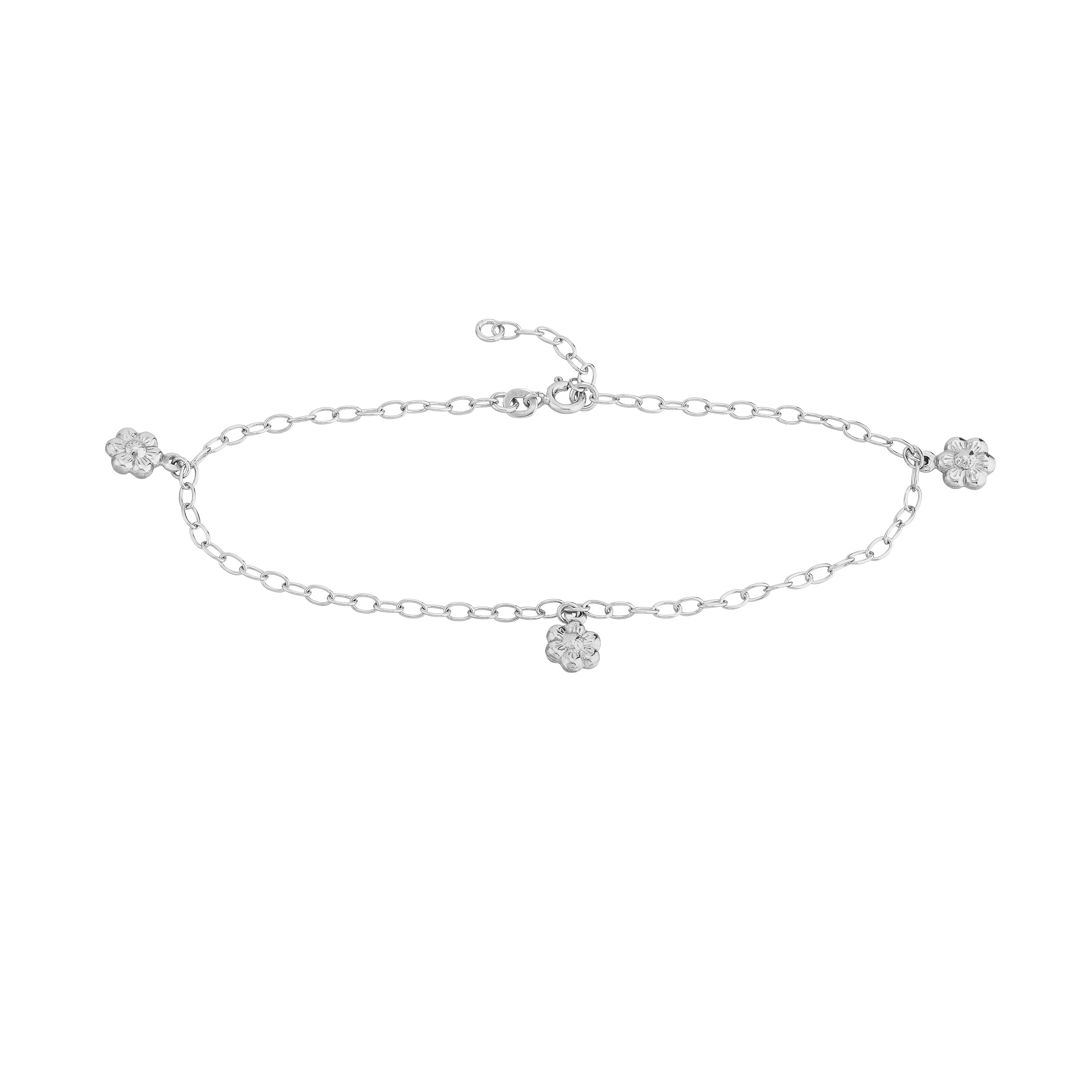 Sterling Silver Flower Dangle Trio Adjustable Anklet