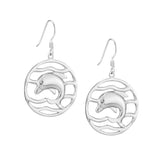 Plated Sterling Silver Circled Dolphin Drop Earrings