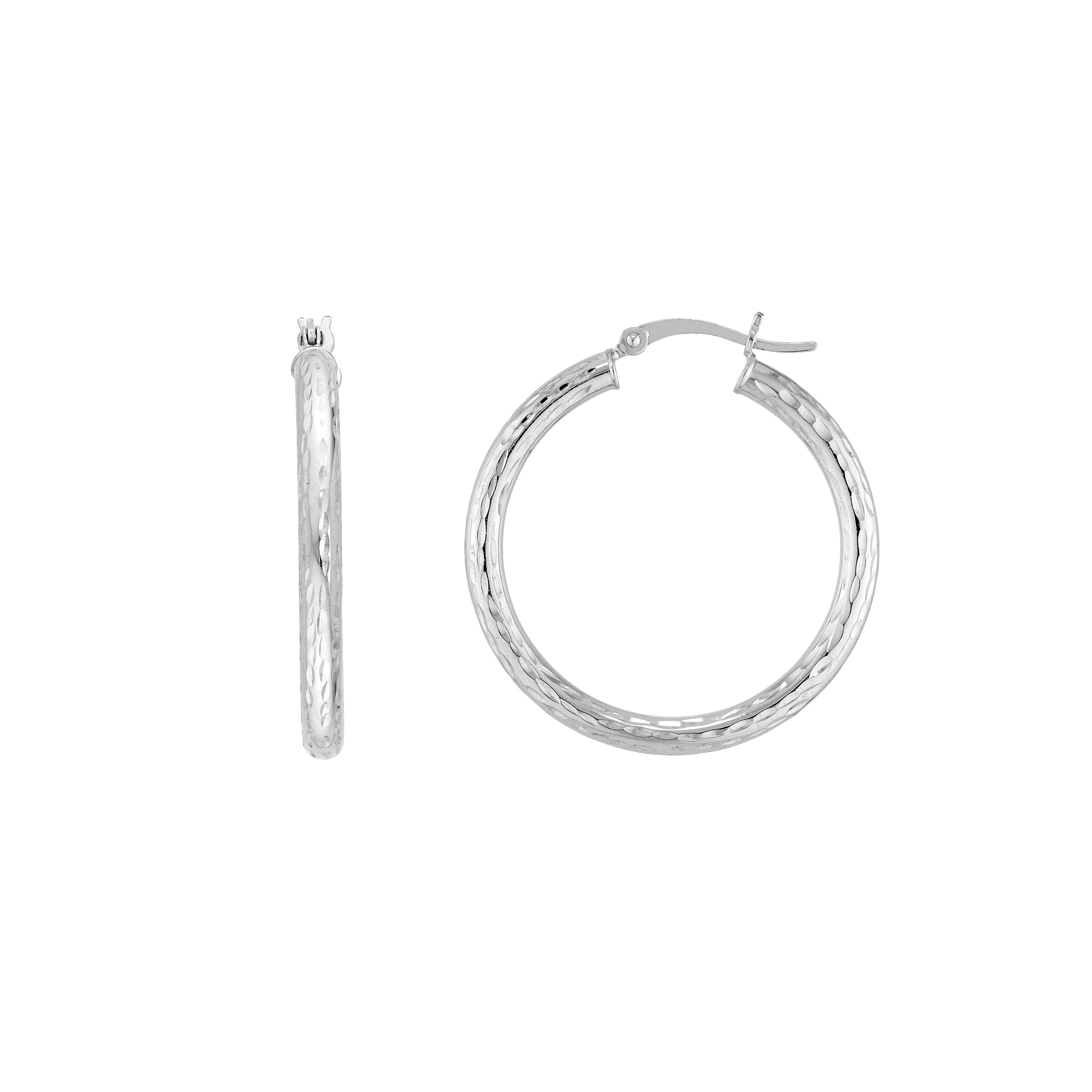 Sterling Silver 3mm x 30mm Diamond-Cut Hoop Earrings