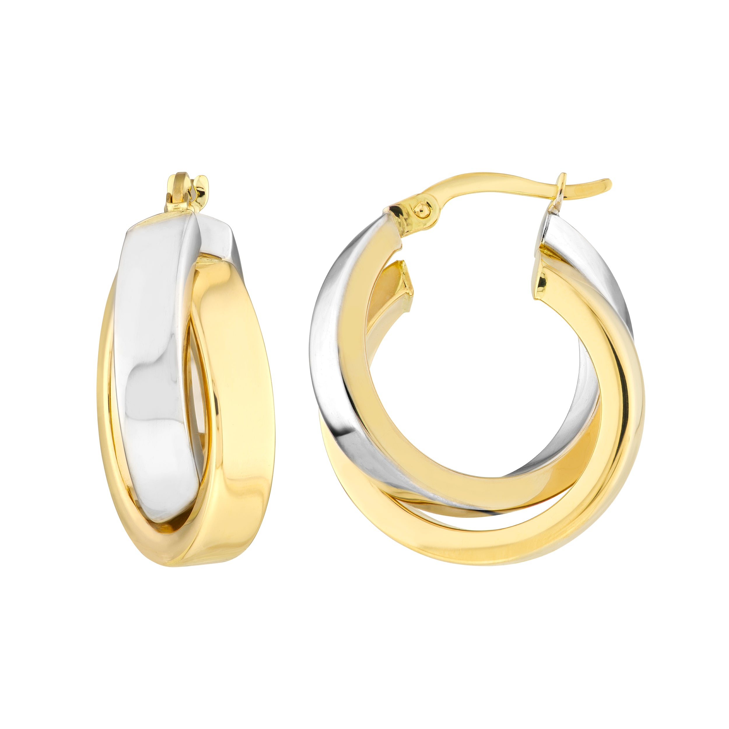 15mm Two-Tone Criss-Cross Tube Round Hoop Earrings