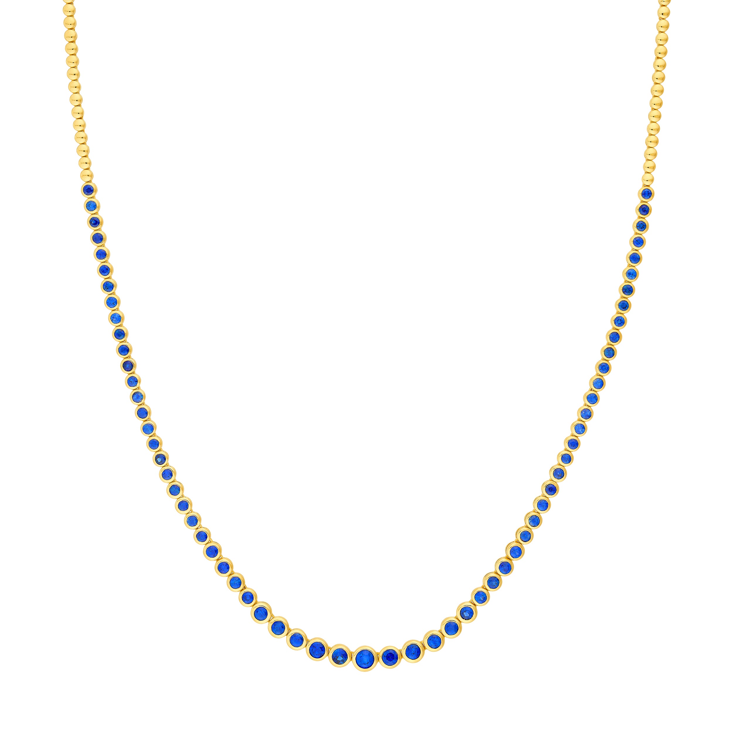 4-1/6tcw Blue Sapphire Bezel Graduated Half Tennis Necklace