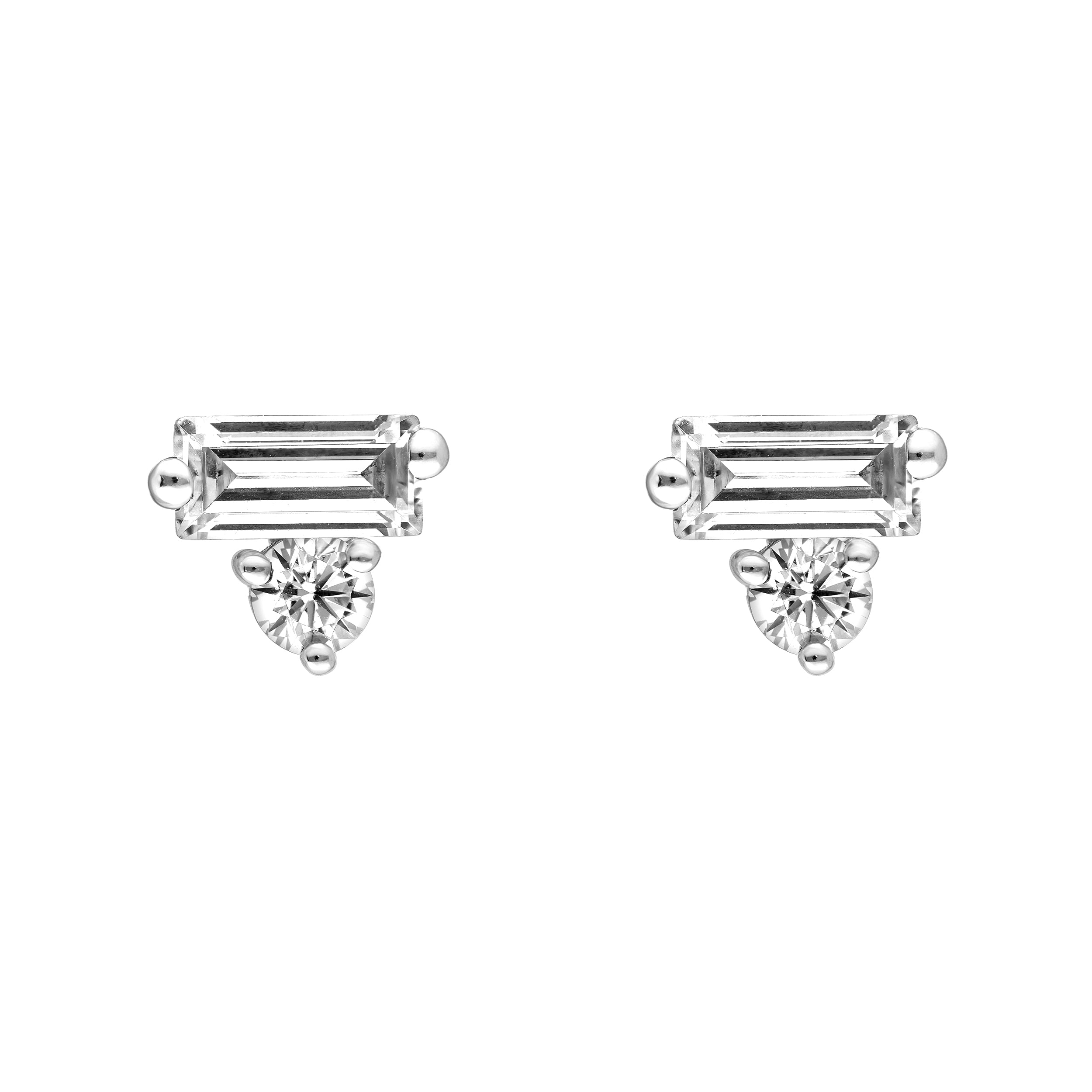 7/8tcw Square Baguette & Round Diamond Stud Earrings